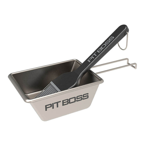 Griddle Sauce Pot and Brush. Silver sauce pot with black accents. Black brush with silver accents.