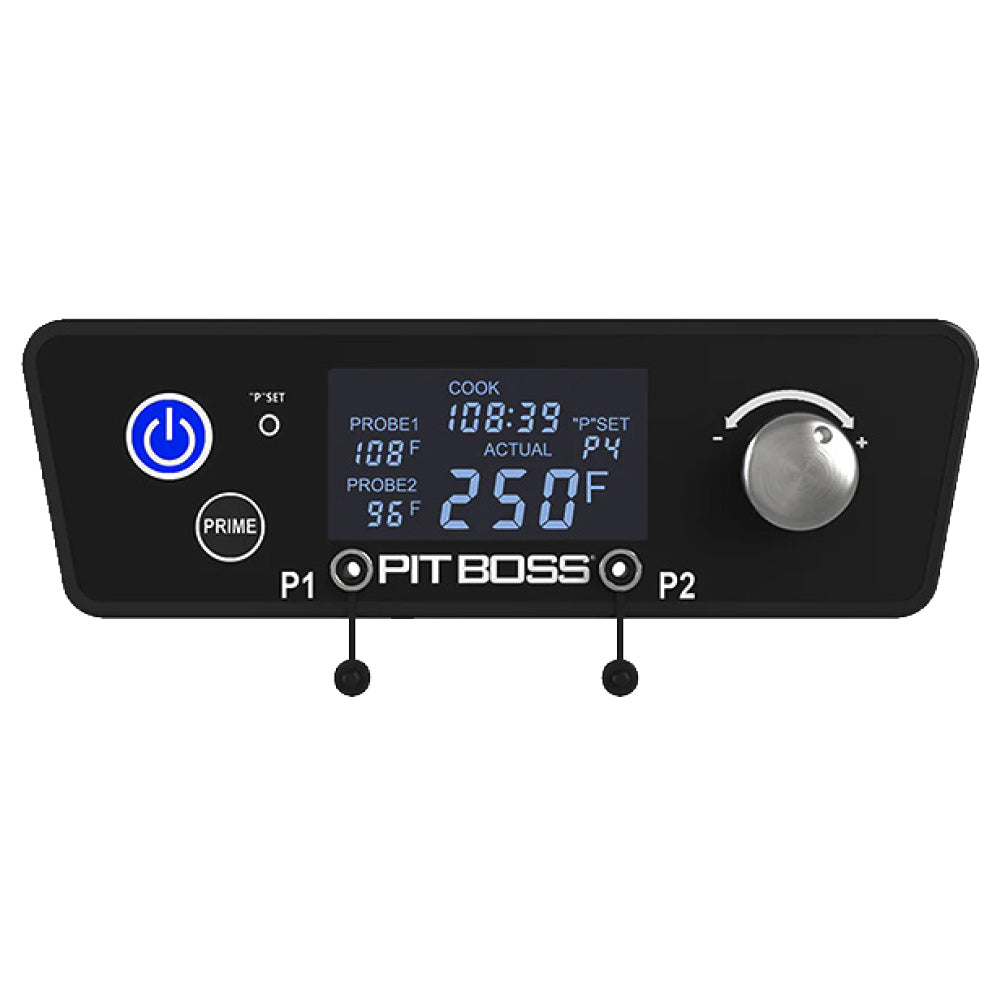 Pit Boss digital grill control panel with LED display, power button, temperature knob, and probe temperature readings.