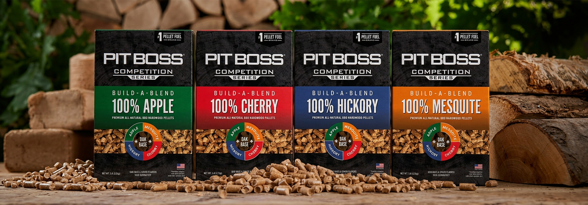 Build-a-Blend™ 100% Apple, Cherry, Hickory, and Mesquite hardwood pellet boxes by Pit Boss® Competition Series

