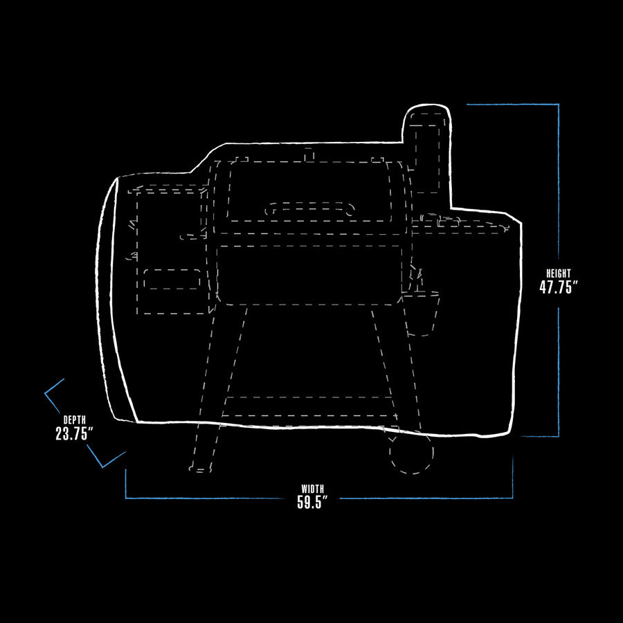 black and white dimension drawing with blue line accents. bbq grill cover measures 59.5" W x 23.75" D x 47.75" H