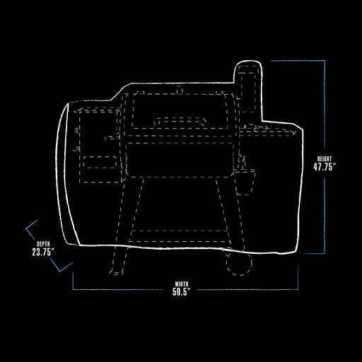 black and white dimension drawing with blue line accents. bbq grill cover measures 59.5" W x 23.75" D x 47.75" H