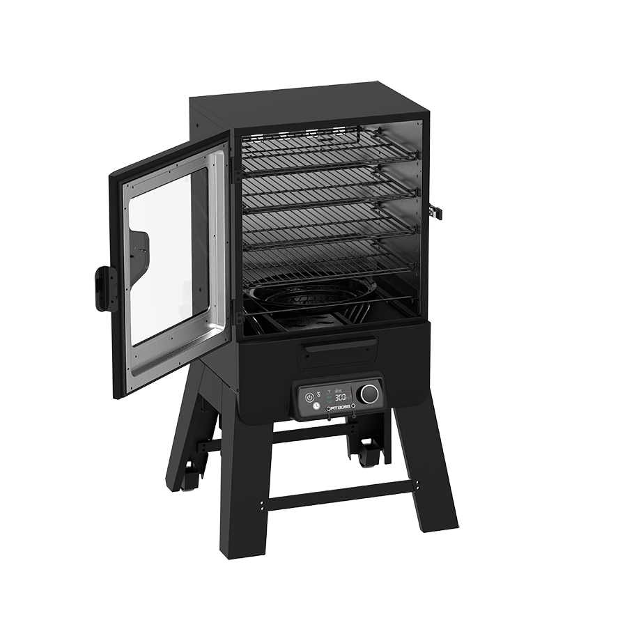 Pit Boss 30" Digital Vertical Smoker with Wi-Fi, left-side view with door open on a white background