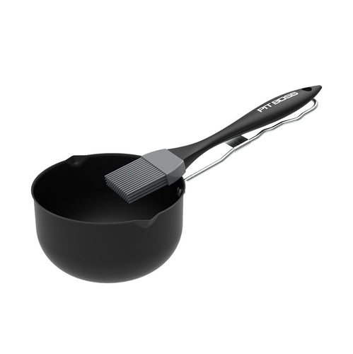 BBQ Basting Brush with Sauce Pot, black and grey with pit boss logo, side angle