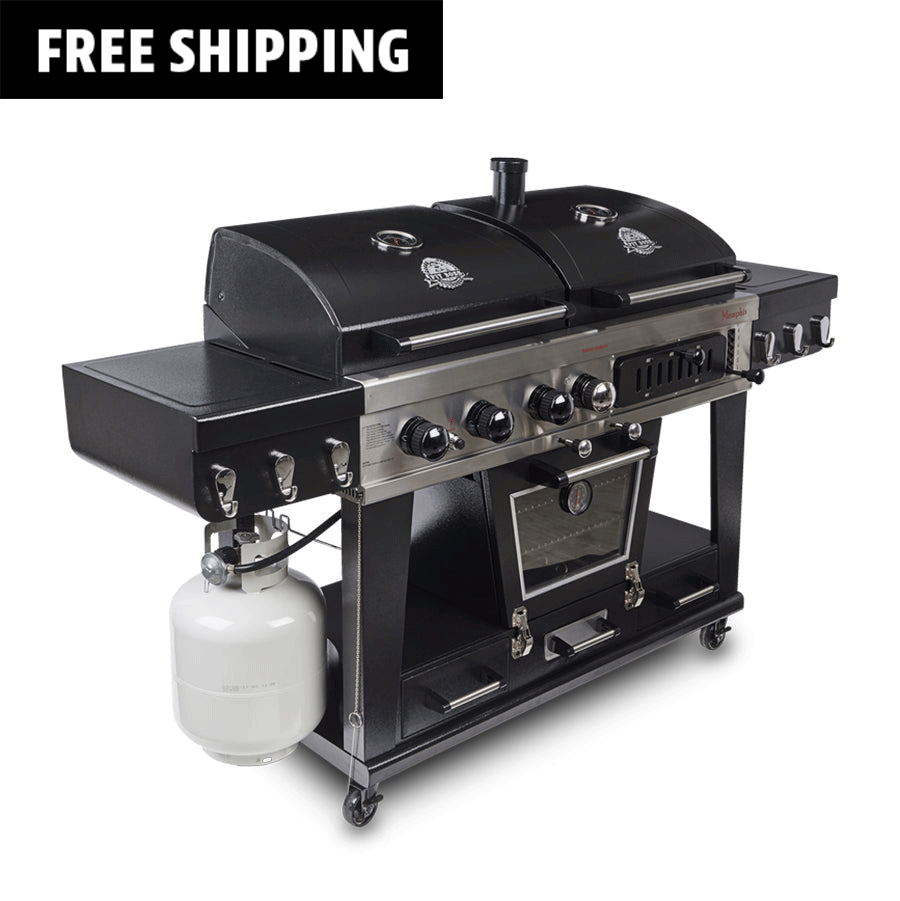 Pit Boss Memphis Ultimate Combo Grill. Black combo grill with silver accents. Front view.