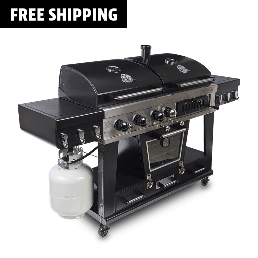 Pit Boss Memphis Ultimate Combo Grill. Black combo grill with silver accents. Front view.