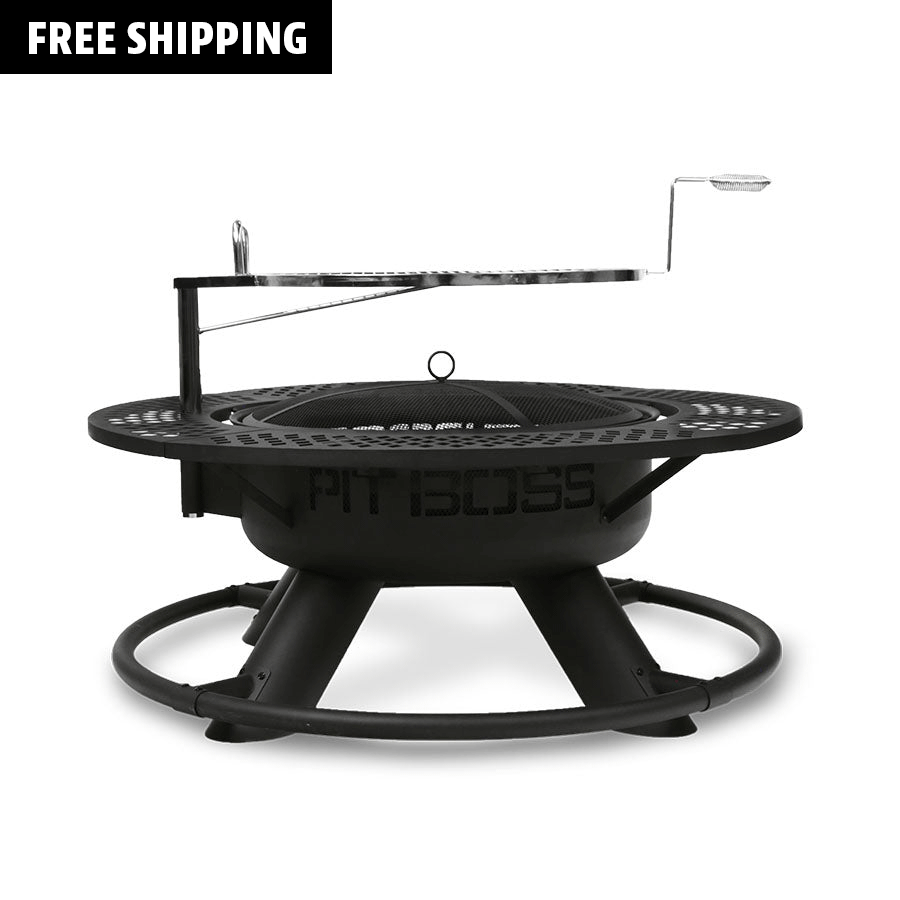 Black fire pit with round shape and black lettering: Pit Boss