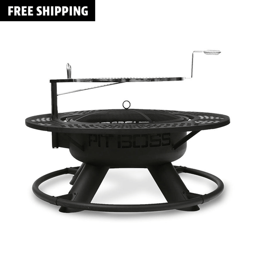 Black fire pit with round shape and black lettering: Pit Boss