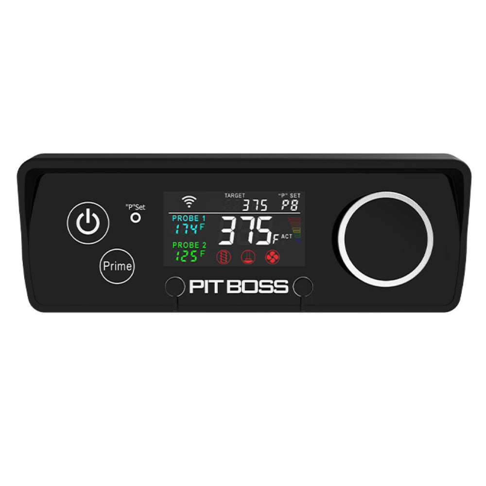 Pit Boss digital grill control panel with LED display, temperature probes, power button, and large control dial.
