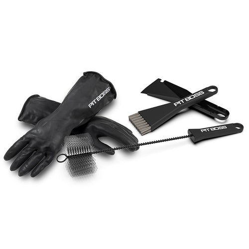 Pellet Grill Cleaning Kit. Includes chimney/burn pot scrubber, an ash broom with pan and scraper, and a pair of rubber cleaning gloves.