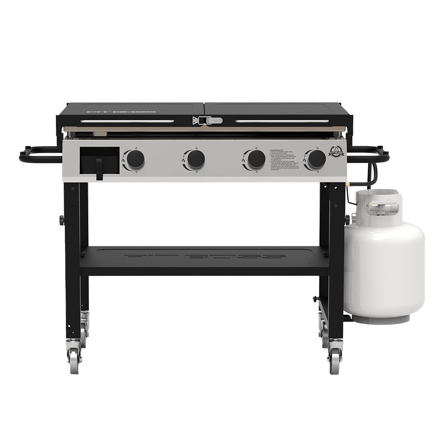 Pit Boss Deluxe 4-Burner Griddle. Both side tables open. Black grill with beige and silver accents. Front view.