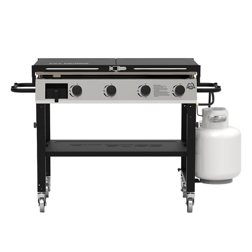 Pit Boss Deluxe 4-Burner Griddle. Both side tables open. Black grill with beige and silver accents. Front view.