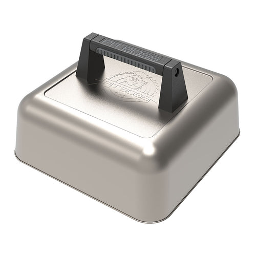 Silver with black handle and engraved pit boss logo. Front view