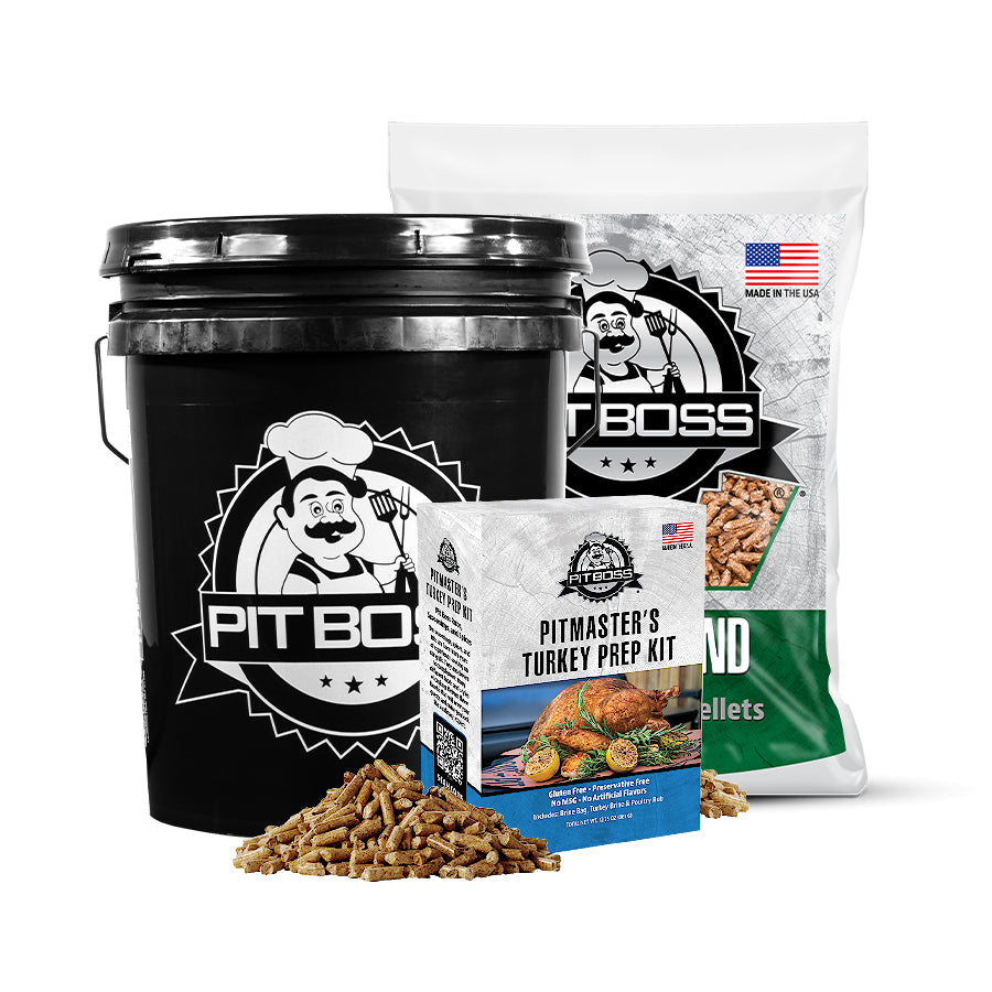 Turkey Bucket Kit displayed on a white background with Pit Boss Bucket and Pellets