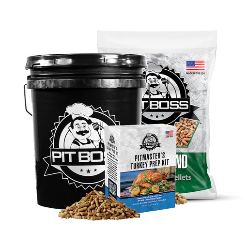 Turkey Bucket Kit displayed on a white background with Pit Boss Bucket and Pellets