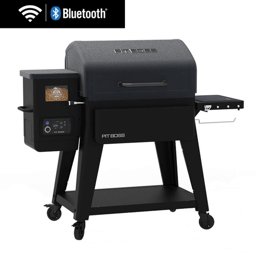 Pit Boss pellet grill with WiFi and Bluetooth, black finish, side shelf, digital control panel, and sturdy wheeled base.