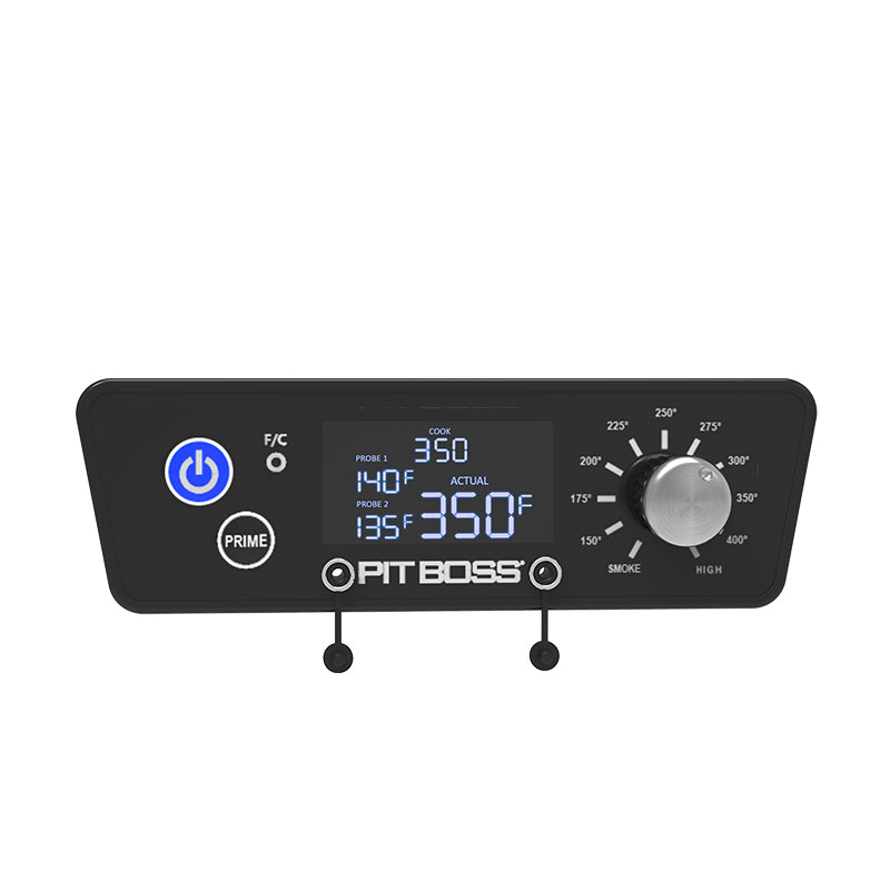 Black control board for Trapezoid Pellet grill with 2 meat probe inputs, featuring temperature settings and digital display.